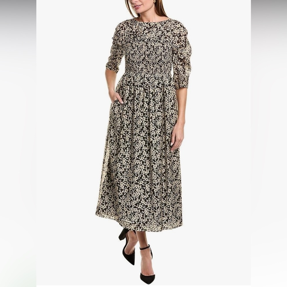 *Rebecca Taylor Osaka Silk Blend Cream Abstract Print 3/4 Sleeve XS Midi Dress#F